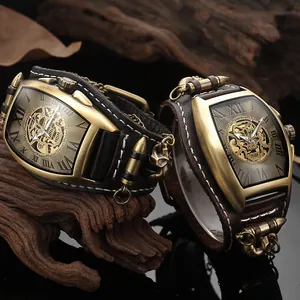 Orologio automatico da uomo steampunk vintage con quadrante a teschio e cinturino in pelle