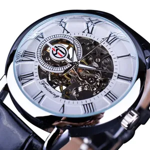 Montre mécanique squelette rétro pour homme avec chiffres romains et cuir