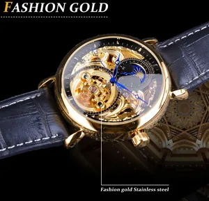 Close-up of Forsining men's gold skeleton automatic watch with moon phase