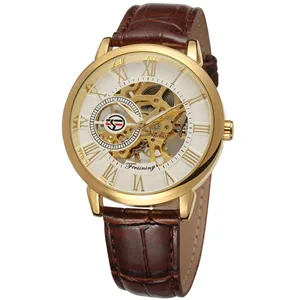 Montre mécanique squelette vintage pour homme avec boîtier doré et cuir brun