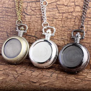Vintage Alloy Quartz Pocket Watch Necklace With Retro Relief Floral Pattern For Women DIY Photo Insert Pendant Watch Gift