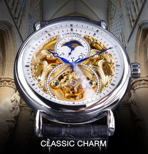 Luxury Forsining men's skeleton automatic mechanical watch with moon phase and gold gears