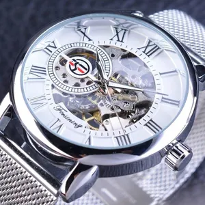 Forsining mechanische Skelettuhr für Herren mit luxuriösem silbernem Mesh-Armband