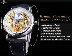Detailed view of Forsining men's skeleton automatic mechanical watch with moon phase dial