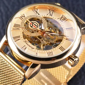 Luxuriöse goldene Forsining Skelett Mechanikuhr für Herren mit stilvollem Mesh-Metallband