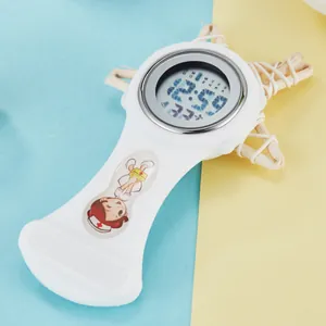 White silicone digital nurse lapel watch with cartoon nurse illustration and calendar