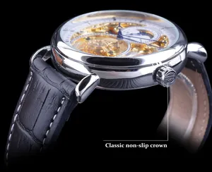 Detailed close-up showing the non-slip crown of a Forsining men's skeleton watch