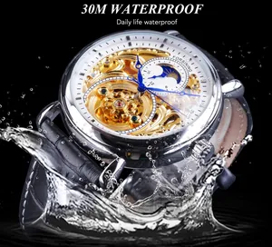 Detailed view of Forsining skeleton automatic watch showing 30M water resistance.
