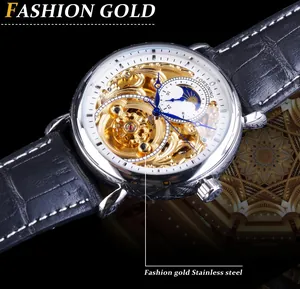 Close-up of Forsining automatic skeleton mechanical watch with moon phase display