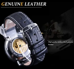 Detailed view of Forsining men's automatic mechanical watch featuring a black leather strap