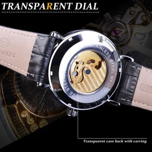 Close-up of transparent watch case back showing intricate golden mechanical movement