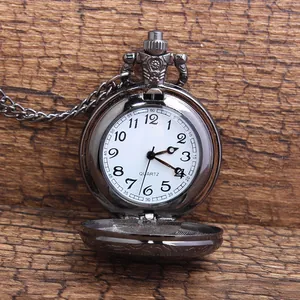 Vintage gunmetal quartz pocket watch necklace with white dial and Arabic numerals