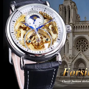 Forsining men's skeleton automatic mechanical watch with moon phase and black leather strap