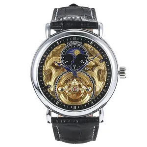 Forsining luxury skeleton automatic mechanical watch for men with moon phase and leather strap