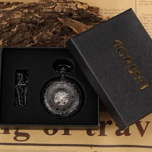 Detailed view of vintage black mechanical pocket watch in premium gift box packaging
