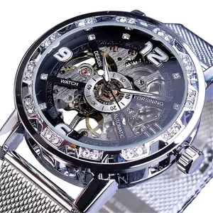 Forsining Herren Skelett Mechanikuhr mit Diamant-Lünette und Silber-Mesh-Armband