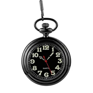 Klassiek zwart vintage quartz zakhorloge met grote Arabische cijfers en lichtgevende wijzerplaat