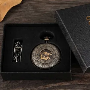 Macro view of a vintage bronze hollow mechanical pocket watch in a black gift box.