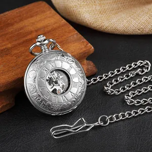 Detailed view of vintage silver skeleton mechanical pocket watch with Roman numerals