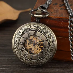 Retro Bronze Skeleton Mechanical Pocket Watch Double Open Roman Numerals Hand-Wind Antique Fob Watch For Men Women Gift