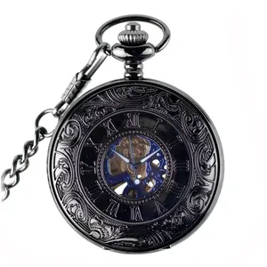 Vintage double-open manual mechanical pocket watch with hollow Roman numerals dial