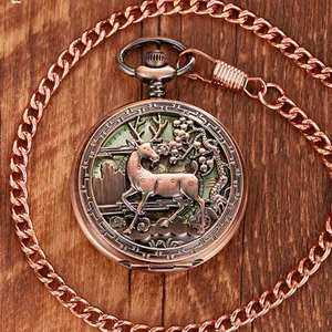 Mechanische Vintage-Taschenuhr in Bronze mit hohl geschnitztem Hirsch- und Landschaftsdesign