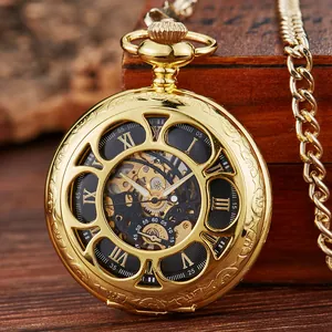 Vintage goldene mechanische Taschenuhr mit hohlem Klappdeckel und Skelett-Zifferblatt.