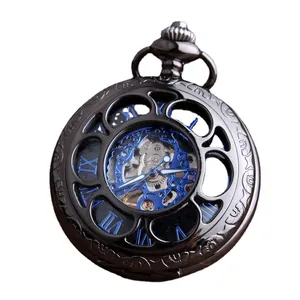 Mechanische Taschenuhr in Gunmetal mit blauem Skelett-Zifferblatt und hohlem Blumendeckel