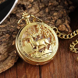 Vintage Hohle Geschnitzte Doppelt Offene Mechanische Taschenuhr Für Herren Damen Legierung Hirsch Muster Antike Römische Ziffern Anhänger Uhr Mit Kette