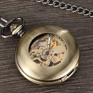 Große antike Bronze-Skelett-Automatik-Taschenuhr mit gebürsteter Metalloberfläche