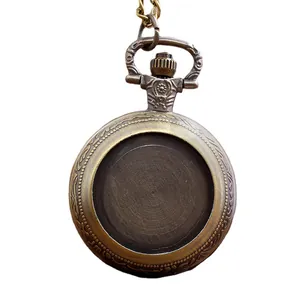 Medium vintage bronze pocket watch with blank DIY sticker area on a long necklace chain