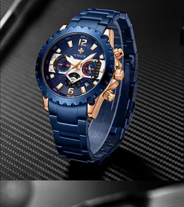 WWOOR luxe blauw heren chronograaf horloge met roségouden accenten en stalen horlogeband