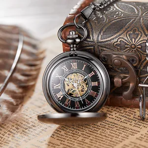 Macro view of a vintage mechanical pocket watch with a skeleton dial and Roman numerals