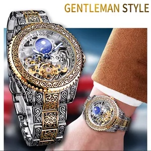 Skelettierte Automatik-Herrenuhr mit aufwendig graviertem Gold- und Silberarmband