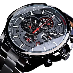 Schwarze automatische mechanische Forsining-Uhr mit Multifunktions-Zifferblättern
