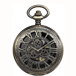 Montre à Gousset Mécanique Ajourée Vintage Chiffres Romains Boîtier en Alliage Avec Chaîne Design Engrenage Antique Cadeau