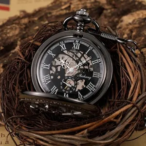 Montre à gousset mécanique squelette noire vintage avec chiffres romains et rouages