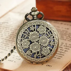 Detailed view of a vintage bronze mechanical pocket watch with floral hollow-out design.