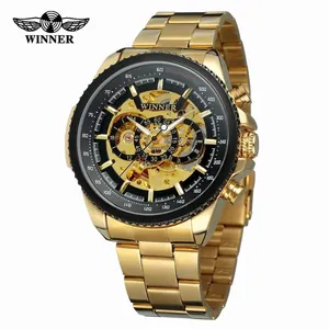Detailaufnahme des goldenen Winner Herren-Skelett-Automatik-Mechanikuhrwerks