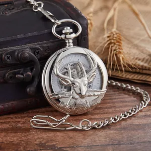 Close-up of silver mechanical pocket watch featuring a detailed embossed buck head design.