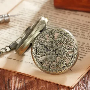 Macro detail of the intricate floral carved cover on a vintage bronze pocket watch