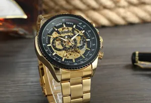 Detailansicht der WINNER Automatik-Skelettuhr für Herren in Gold-Optik.