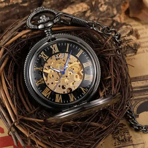 Detailed macro view of vintage mechanical pocket watch with skeleton dial and blue hands