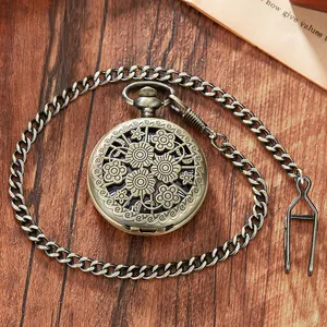 Close-up view of a retro bronze mechanical pocket watch with hollow floral carving