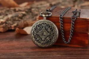 Close-up of vintage bronze mechanical pocket watch with intricate hollow carved pattern