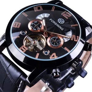 Montre mécanique automatique Forsining pour hommes avec cadran noir et cuir