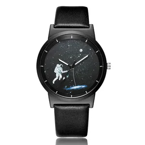 Modern minimalist quartz watch with a creative astronaut space themed starry dial