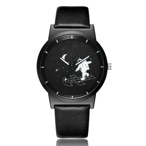 Close-up of minimalist black quartz watch with creative astronaut hopscotch dial design