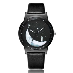 Detailed view of creative astronaut and moon dial design on black quartz watch