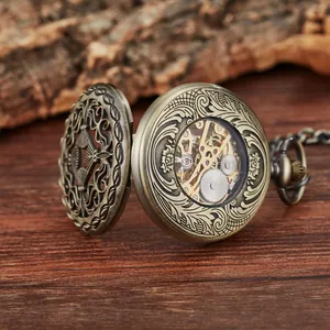 Close-up of vintage mechanical pocket watch with carved hollow-out floral pattern details.
